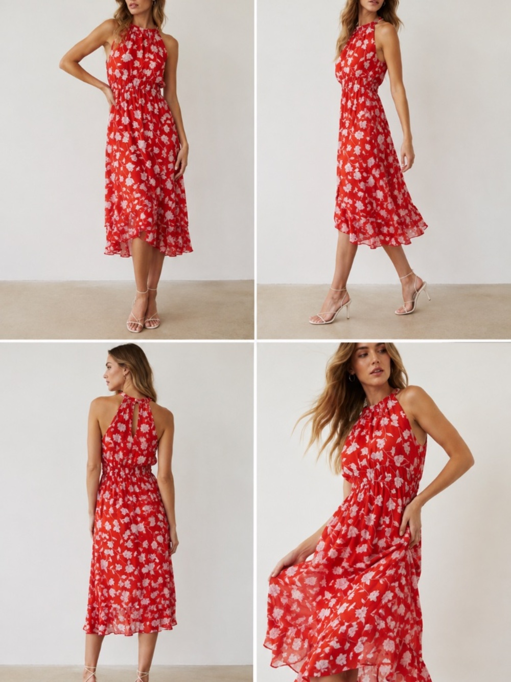 Red Floral Halter Midi Dress | Chiffon Fit & Flare Dress with Lining